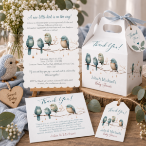 Watercolor little bird baby shower collection with scalloped invitation, favor box, thank you card and matching gift tag in soft blue tones.