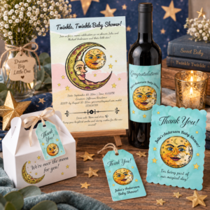 Vintage celestial baby shower collection with moon and stars invitation, thank you tag, scalloped card and matching wine bottle label.