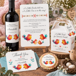 Colorful little bird baby shower collection with invitation, thank you tag, favor label and matching wine bottle label in cheerful watercolor style.