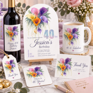 Colorful calla lily 40th birthday collection with floral invitation, mug, greeting card and matching celebration accessories in soft pastel tones.