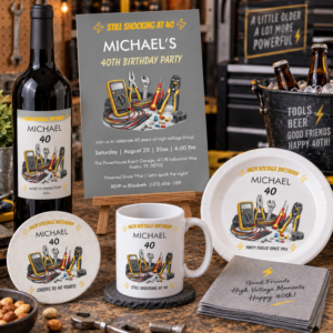 Electrician 40th birthday collection with high voltage invitation, party plate, coaster and matching electrical tools design in gray and yellow.