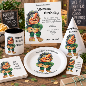 Funny troll birthday party collection with invitation, party hat, mug and matching party accessories featuring a colorful cheerful troll character.