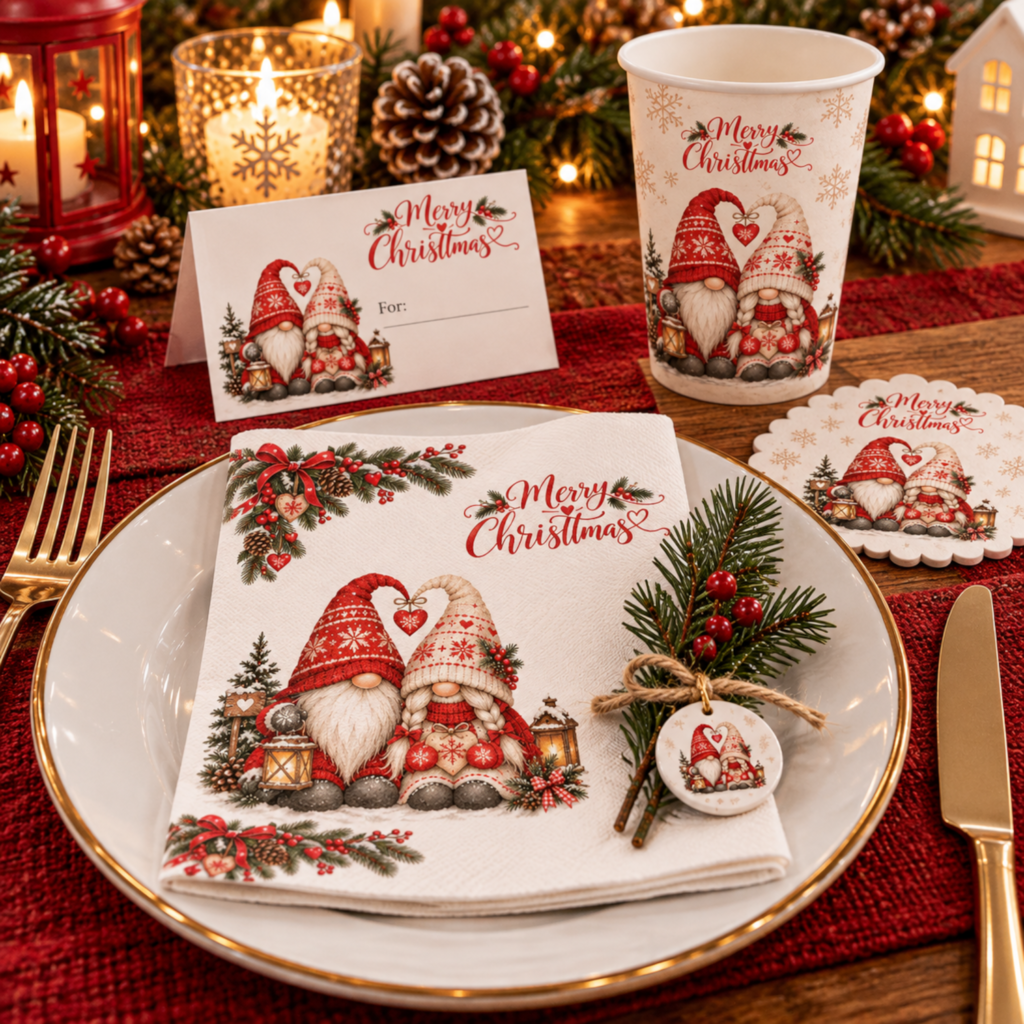 Cozy Christmas ideas for couples with a Scandinavian festive place setting featuring Nordic gnomes, place card, napkin, paper cup and Christmas coaster.