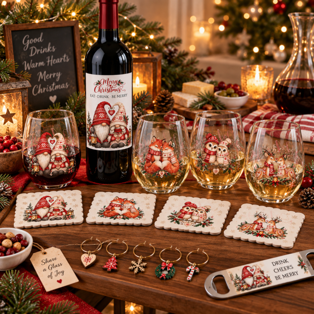 Nordic Christmas drinks corner with festive wine glasses, gnome wine bottle label, Christmas coasters and holiday bar accessories for a cozy Christmas party for couples.