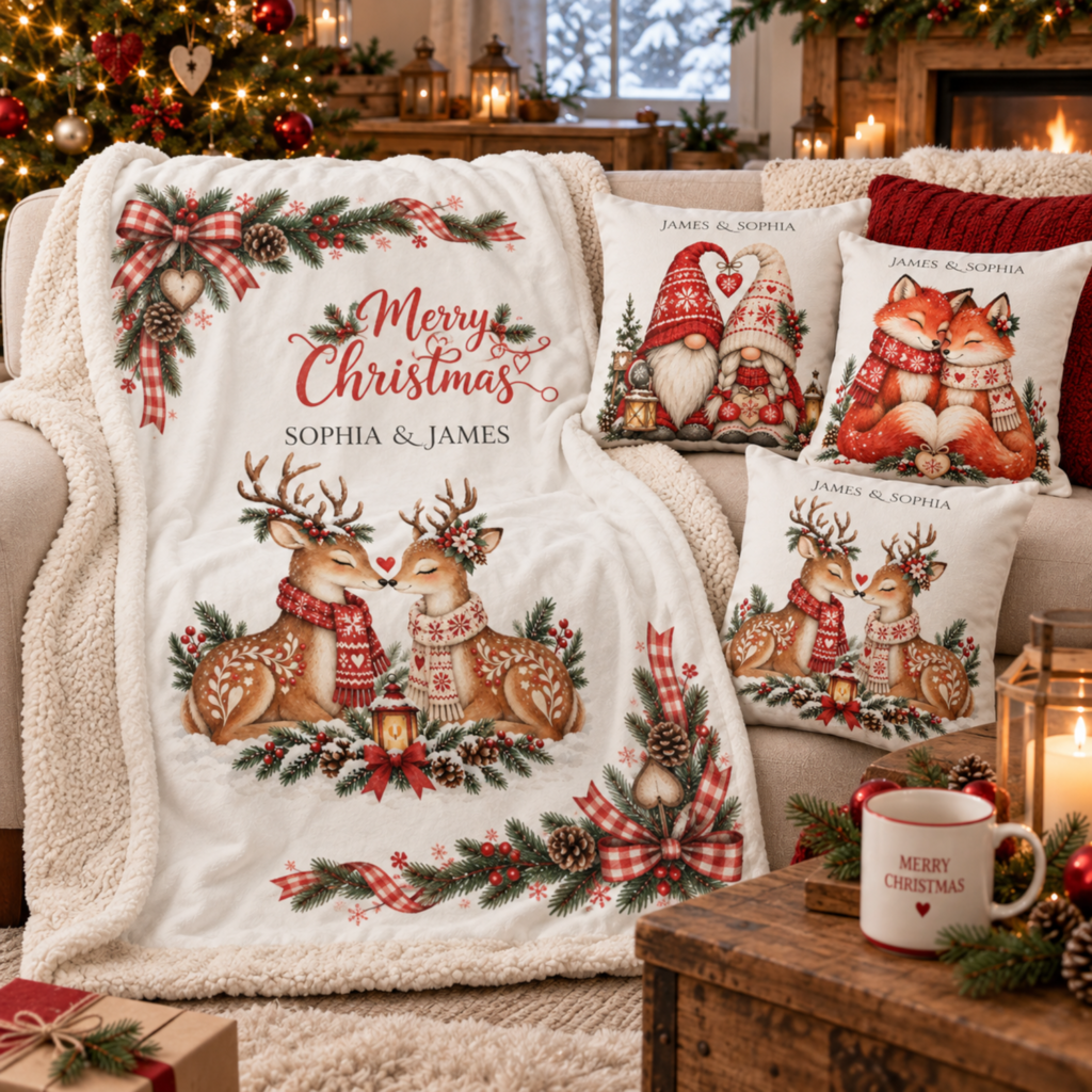 Romantic Nordic Christmas evening at home with a personalized reindeer sherpa blanket and couples pillows in a cozy Scandinavian living room.