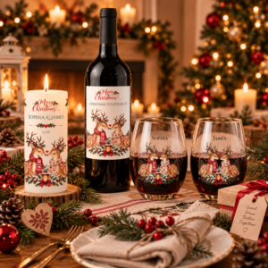 Cozy Scandinavian Christmas ideas for couples with a festive Nordic table, wine, candles and Christmas tree