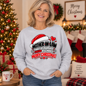 Woman wearing a festive Mother-in-Law sweatshirt with “Family by Marriage, Friend by Choice” Christmas typography.