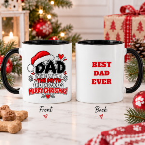 Christmas mug for Dad featuring humorous holiday artwork on the front and “Best Dad Ever” message on the back.