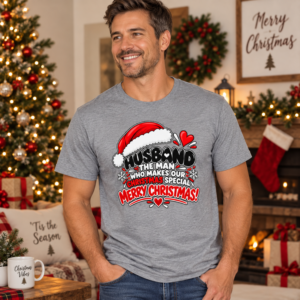Man wearing a Husband Christmas T-shirt featuring “The Man Who Makes Our Christmas Merry & Bright” with festive Santa hat artwork.
