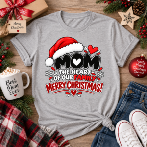 Grey holiday T-shirt for Mom with festive red, black and green typography and a Santa hat illustration.
