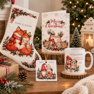 Christmas and winter Zazzle collection featuring Nordic-inspired holiday designs on a stocking, card, ornament and mug