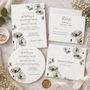 Elegant neutral watercolor poppy wedding stationery suite with invitation, RSVP card and matching floral cards