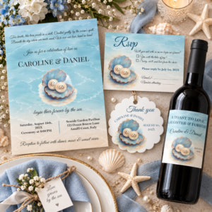 Coastal pearl wedding collection with ocean blue invitation, RSVP card, thank you tag and matching wine bottle label