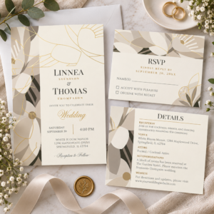 Elegant modern botanical wedding stationery suite with neutral floral design and gold foil accents, including invitation, RSVP and details cards