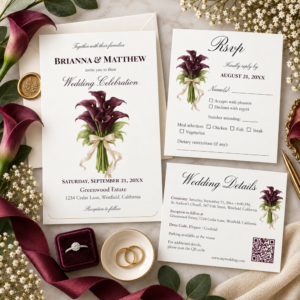 Elegant burgundy calla lily wedding stationery suite with invitation, RSVP and details cards in a romantic floral style