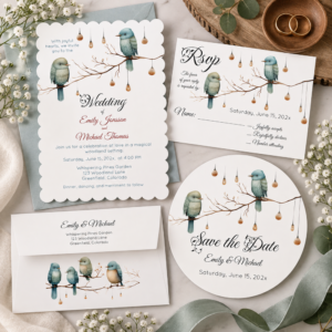 Woodland bird wedding stationery suite with invitation, RSVP card, save the date and envelope