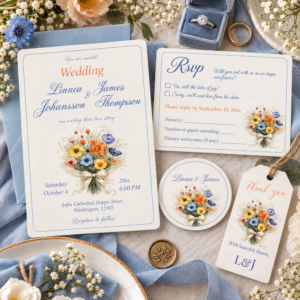 Colorful wildflower wedding stationery suite with floral invitation, RSVP card, round sticker and matching thank you gift tag.