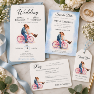 Romantic watercolor bicycle couple wedding stationery suite with invitation, save the date, RSVP card and thank you tag