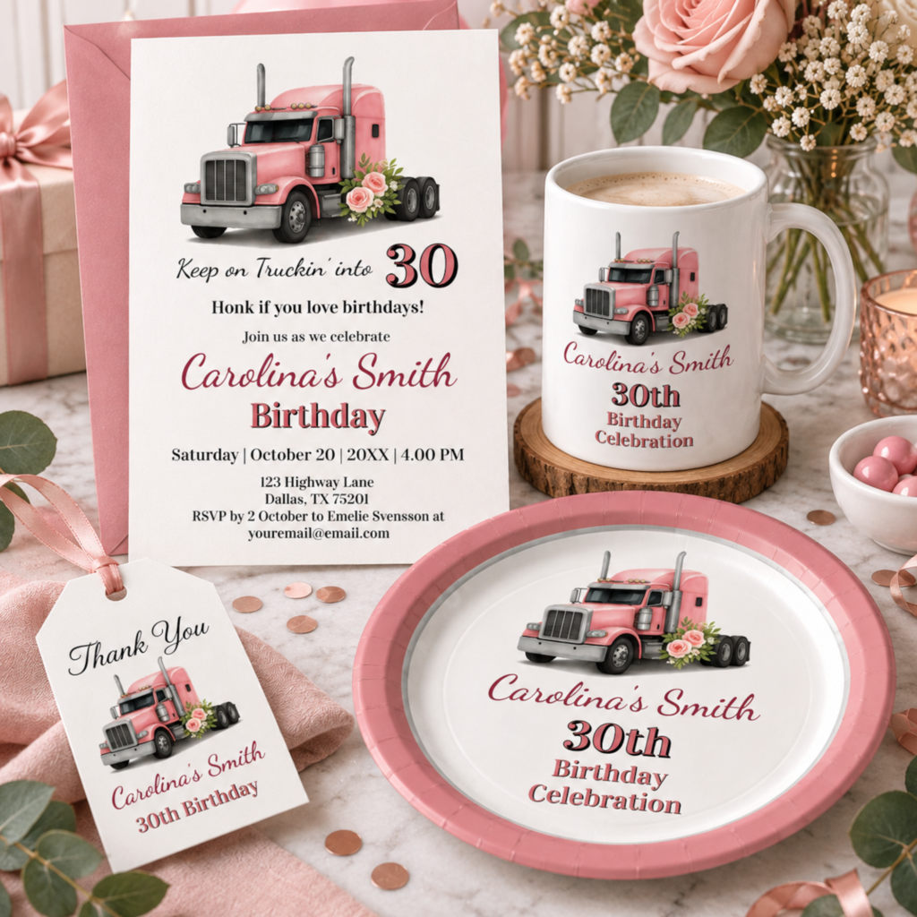 Female truck driver 30th birthday party collection with pink semi truck invitation, mug, plate and thank you tag , Zazzle Designs