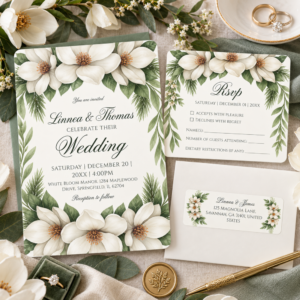 Elegant magnolia wedding stationery suite with white flowers, greenery, wedding invitation, RSVP card and matching address label