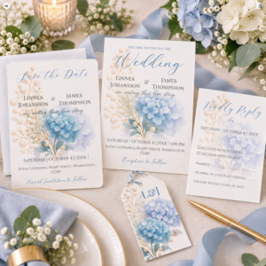 Elegant blue hydrangea wedding stationery suite with save the date, invitation, RSVP card and matching floral gift tag