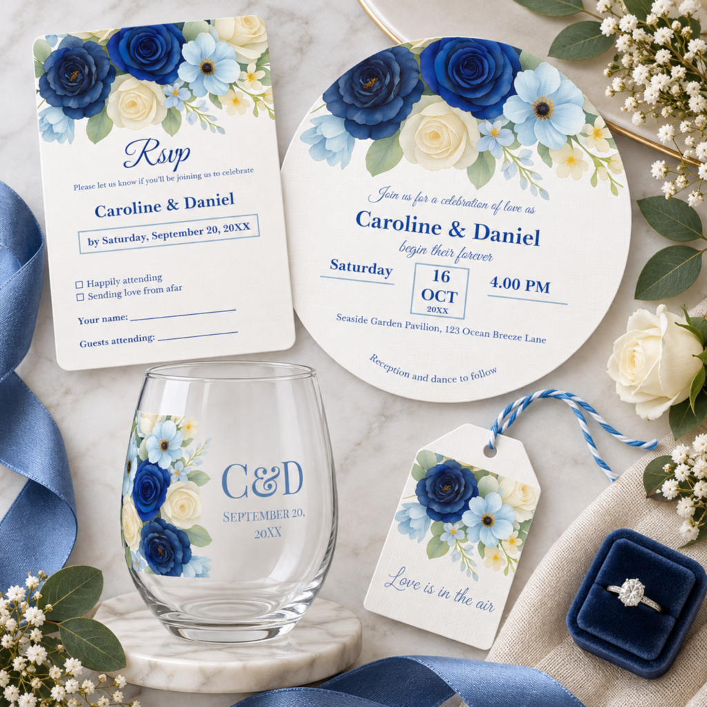 Elegant blue and ivory floral wedding collection with RSVP card, round invitation, personalized glass and matching gift tag