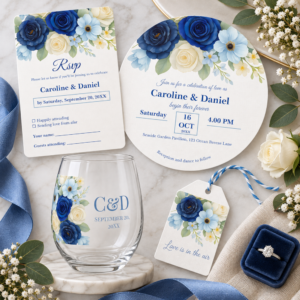 Elegant blue and ivory floral wedding collection with RSVP card, round invitation, personalized glass and matching gift tag