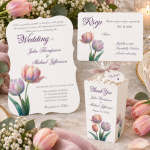 Romantic watercolor tulip wedding collection with floral invitation, RSVP card and matching thank you favor box