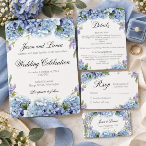 Elegant blue forget-me-not flower wedding stationery suite with floral invitation, details card, RSVP card and matching address card