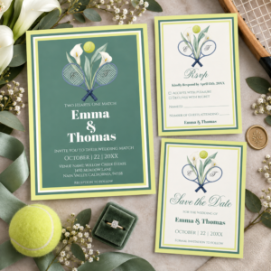 Tennis themed wedding stationery collection with green invitation, RSVP and save the date cards featuring rackets, tennis ball and white calla lilies