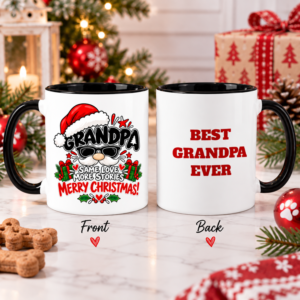 Christmas mug for Grandma featuring festive red, green and black artwork with “Best Grandma Ever” message on the back.