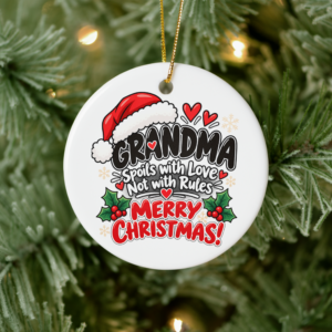 Round Grandma Christmas ornament hanging on a decorated tree with festive typography and Santa hat artwork.