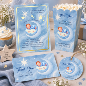 Celestial baby shower collection with blue moon and stars invitation, favor box, round thank you tag and matching information card.