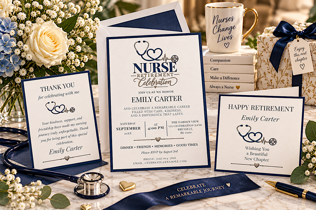Elegant nurse retirement stationery collection by Nisuris Creativa, featuring a personalized invitation, thank you card, and greeting card.