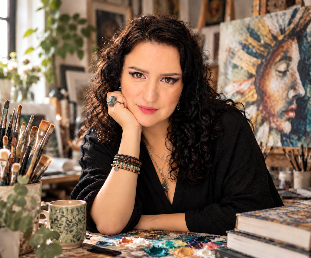Multidisciplinary Artist in Her Creative StudioAL Multidisciplinary artist in her creative studio, surrounded by paintings, brushes, and art materials.
